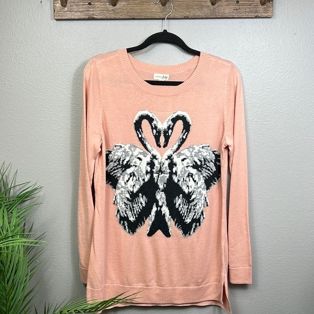 NWT Maison Jules Sweatshirt Crew Swan Motif Pink Gray Long Sleeve XL Feminine
